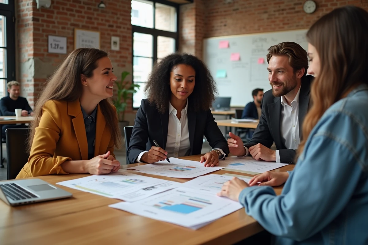 Groupe de trois personnes discutant autour d une table