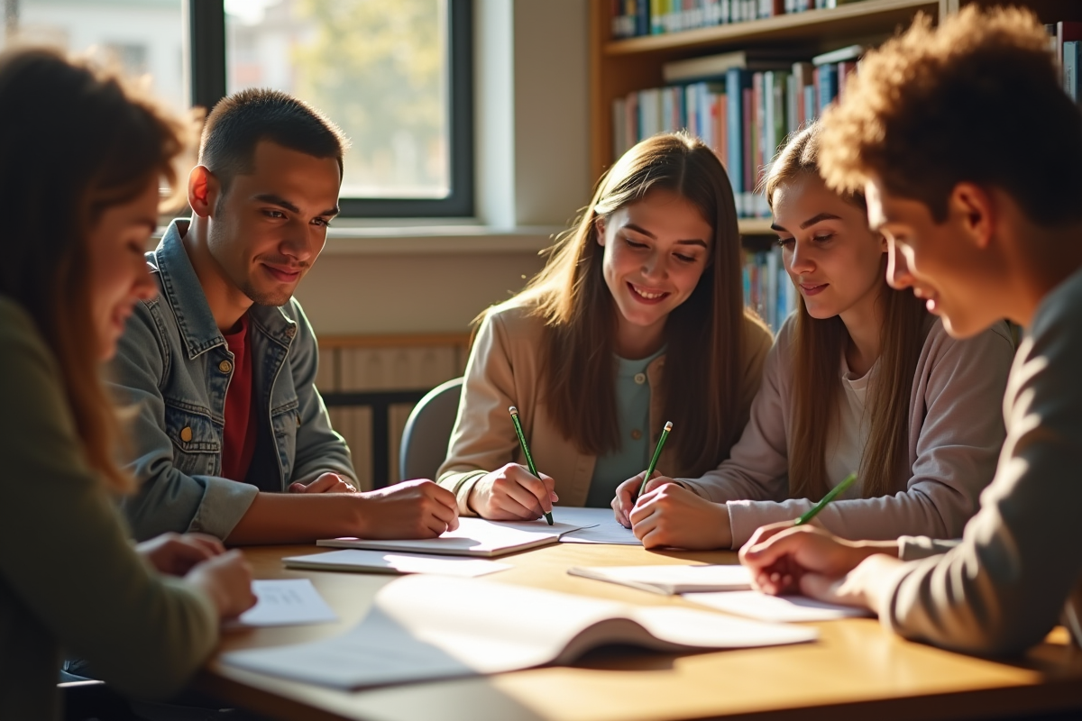 Jeune groupe d'étudiants divers à la bibliothèque en journée