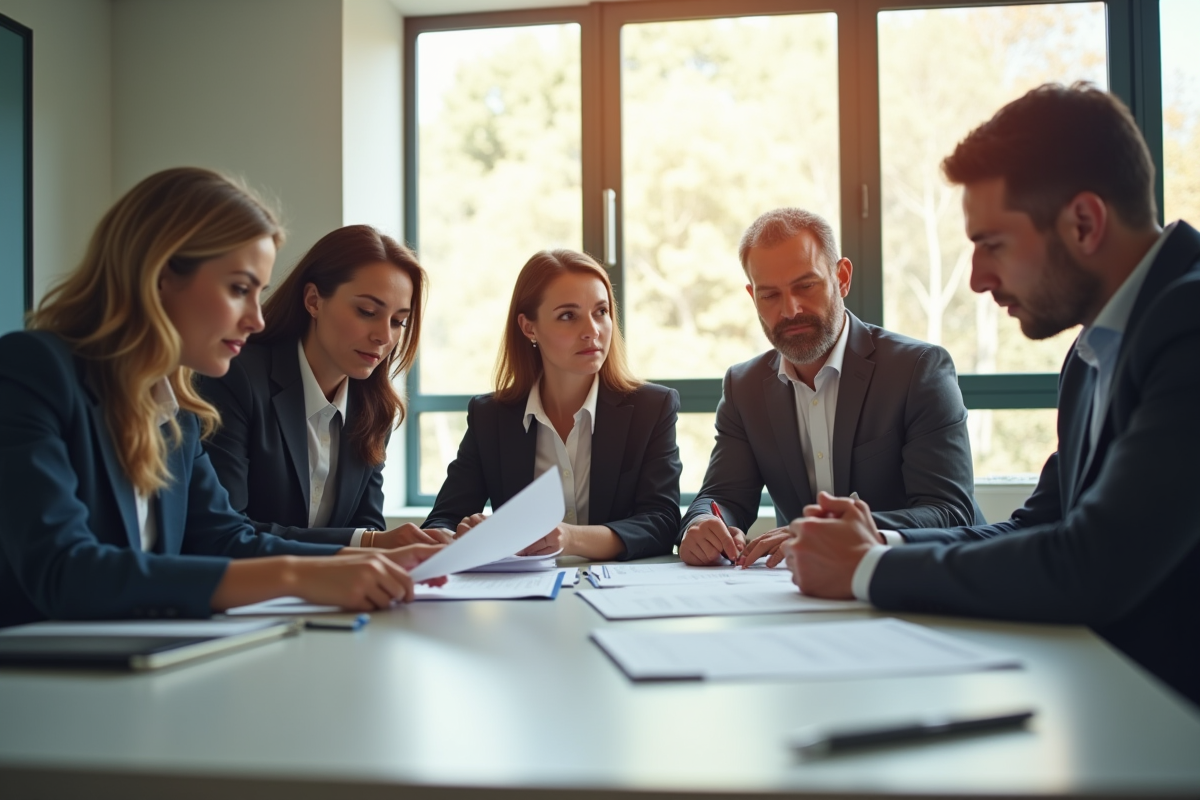 Groupe de fonctionnaires publics travaillant sur des documents financiers