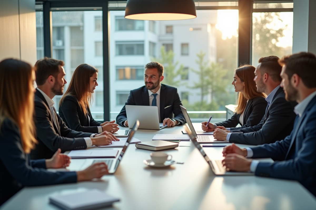 Groupe de professionnels en réunion dans un bureau lumineux