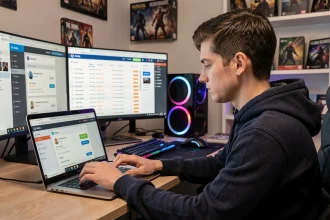 Jeune homme consultant l'historique de ses paiements League of Legends sur un ordinateur portable dans un bureau gaming