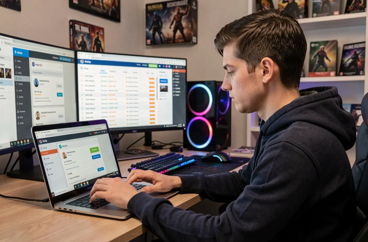 Jeune homme consultant l'historique de ses paiements League of Legends sur un ordinateur portable dans un bureau gaming