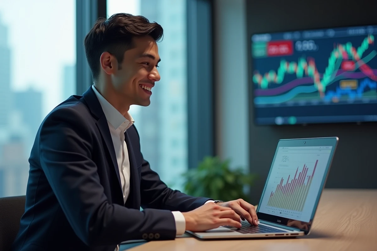 Jeune homme d'affaires analysant des graphiques sur un ordinateur