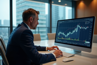 Homme d'affaires en costume bleu analysant des graphiques crypto