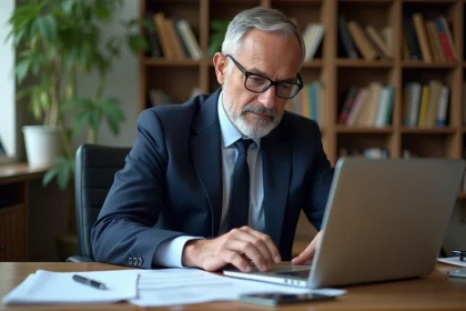 Homme d'affaires en costume vérifiant un relevé bancaire