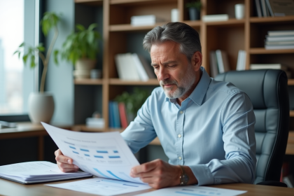 Homme d'affaires en bureau lisant des documents financiers