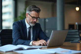 Homme d affaires en costume bleu dans un bureau moderne