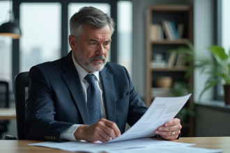 Homme d'affaires en costume étudiant un rapport financier