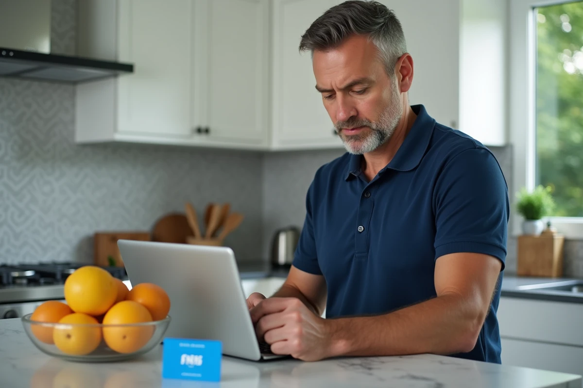Homme ajoutant une carte Kadeos Infini sur son compte Amazon depuis une tablette dans une cuisine moderne
