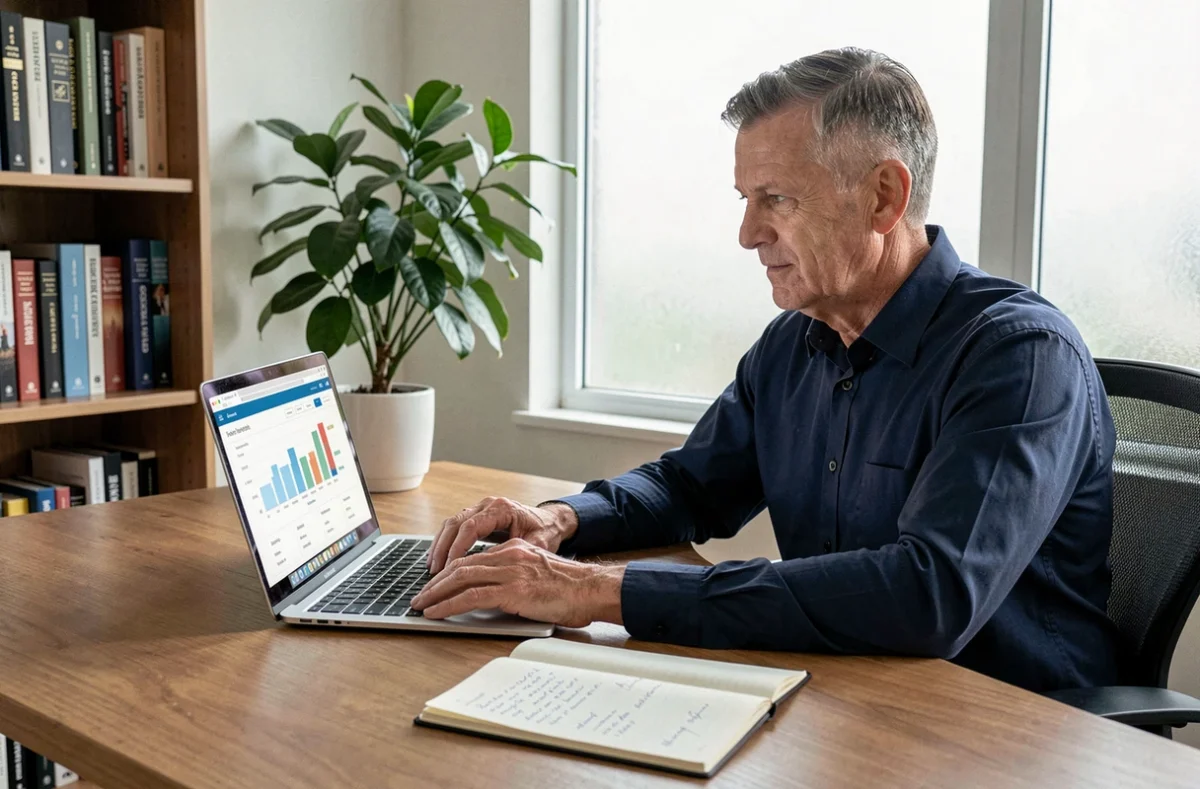Homme en chemise marine analysant son épargne et ses placements sur ordinateur portable dans un bureau à domicile organisé
