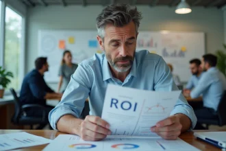 Homme d'affaires analyse un tableau ROI dans un bureau moderne