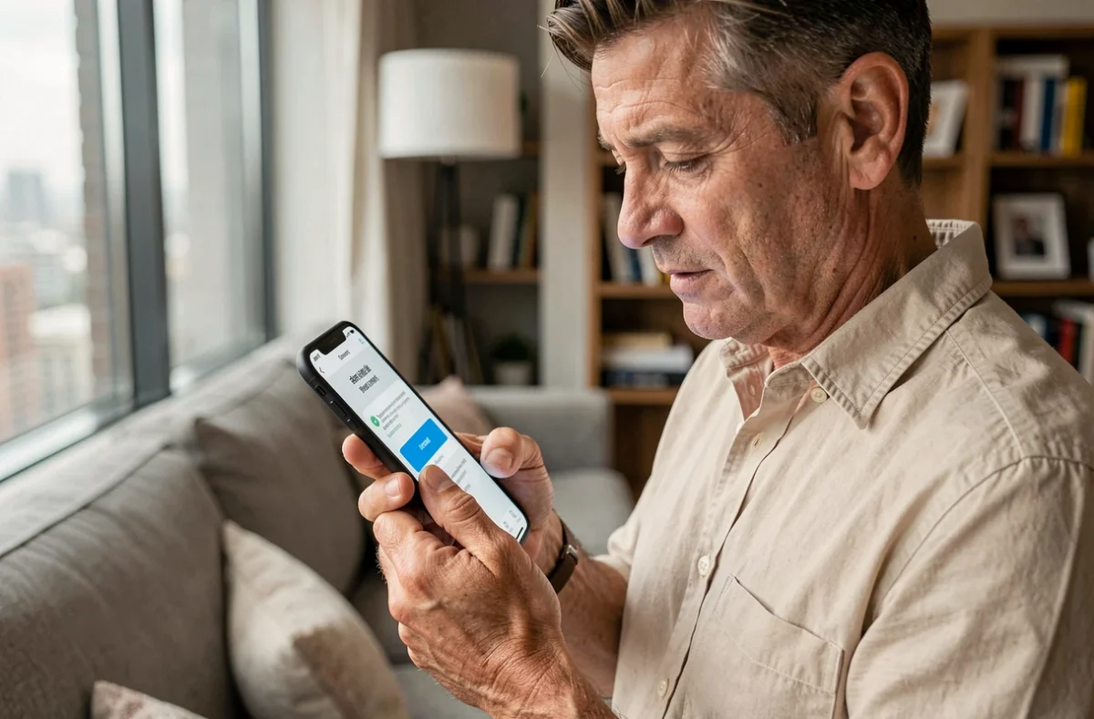 Homme consultant une notification de blocage de compte sur l'application mobile de la Caisse d'Epargne