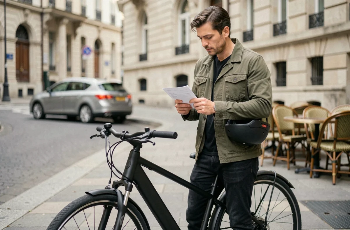 Homme consultant un document d'assurance à côté de son vélo électrique en ville