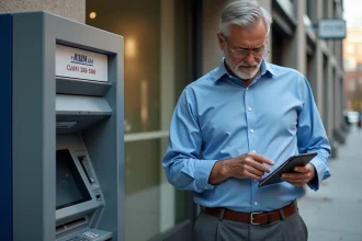 Homme d'âge moyen devant un ATM avec carte bloquée