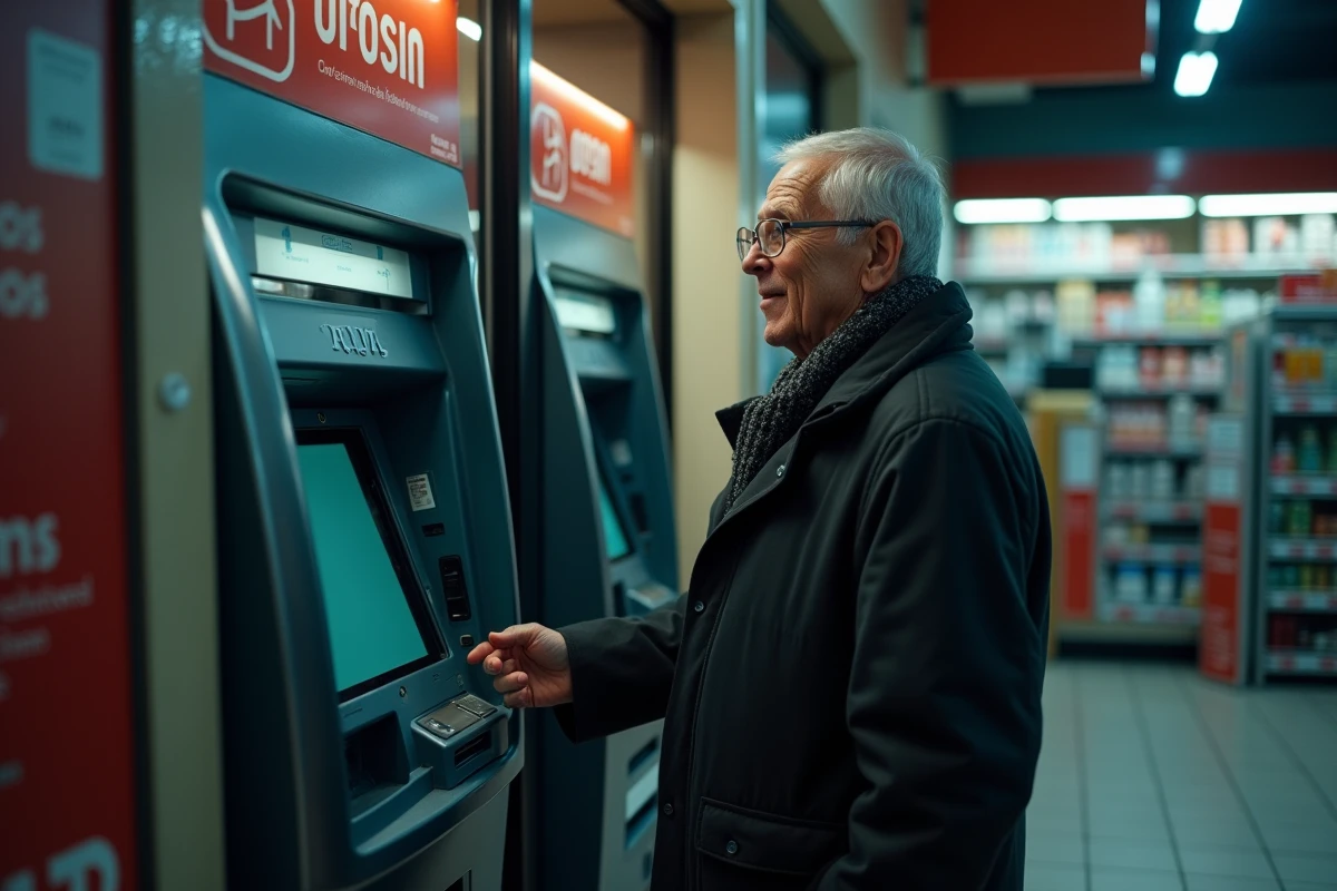 Homme âgé utilisant un ATM dans un magasin la nuit