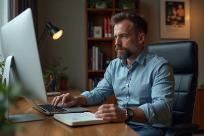 Homme d'âge moyen avec portefeuille bitcoin dans un bureau moderne
