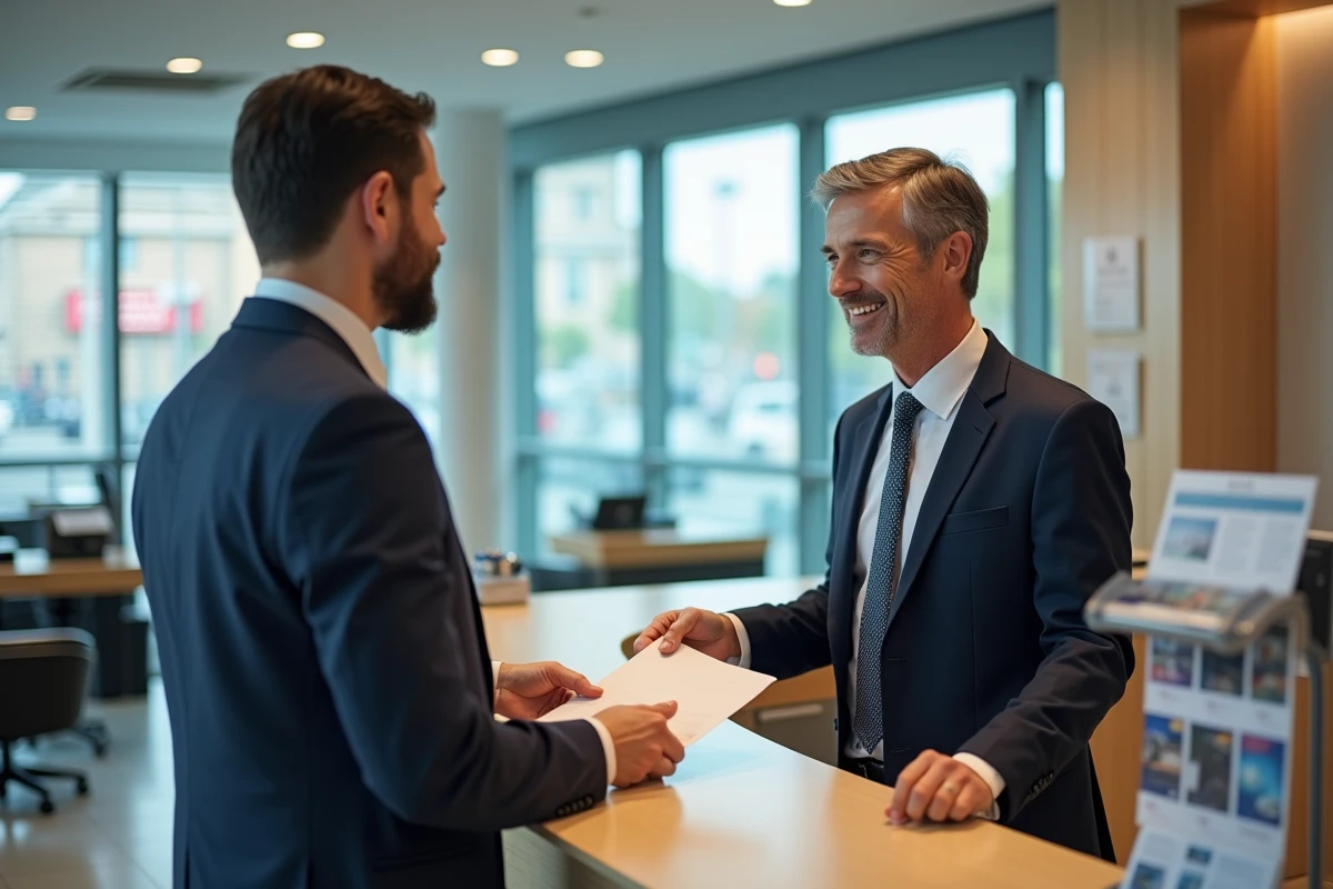 Homme en costume discutant avec un conseiller bancaire en agence
