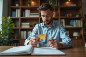 Homme en costume examinant une carte bancaire or et relevé