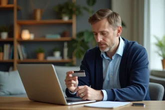 Homme d'âge moyen utilisant la banque en ligne à domicile