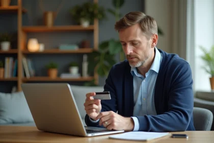 Homme d'&acirc;ge moyen utilisant la banque en ligne &agrave; domicile