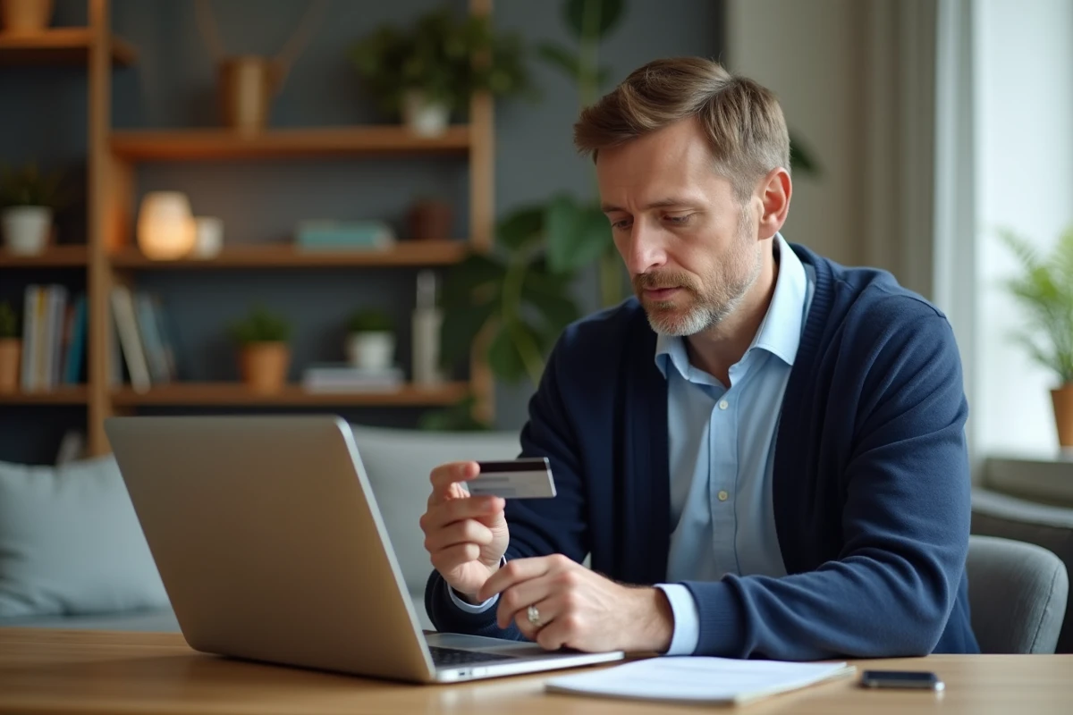 Homme d'âge moyen utilisant la banque en ligne à domicile