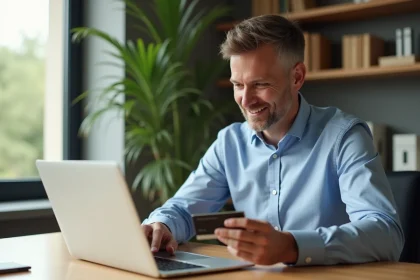 Homme d'&acirc;ge moyen utilisant son ordinateur pour la banque en ligne