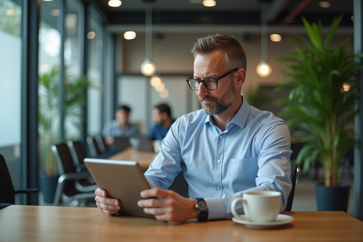 Homme utilisant une carte Bimpli CADO sur tablette au bureau