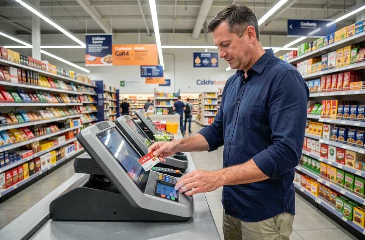 Homme utilisant une carte Cadhoc à la caisse d'un supermarché partenaire UpCadhoc