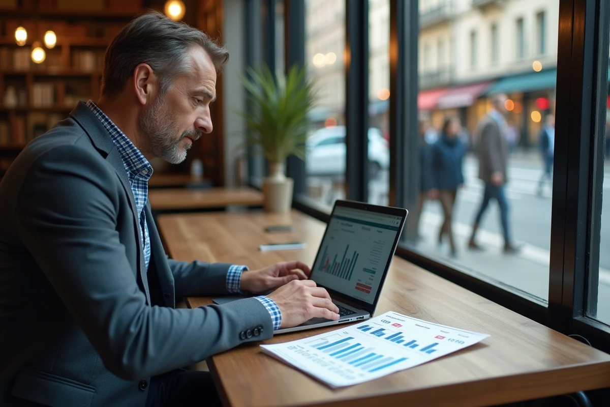 Homme d affaires &eacute;tudiant des donn&eacute;es &eacute;conomiques dans un caf&eacute;