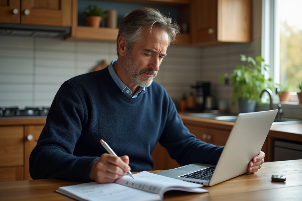 Homme calculant son salaire net et vérifiant son éligibilité à la prime d'activité sur un ordinateur portable depuis son domicile
