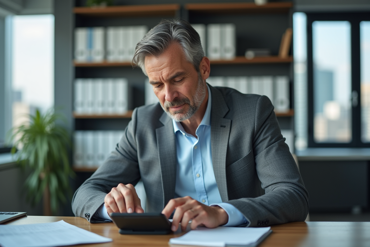 Homme en costume utilise une calculatrice dans un bureau professionnel