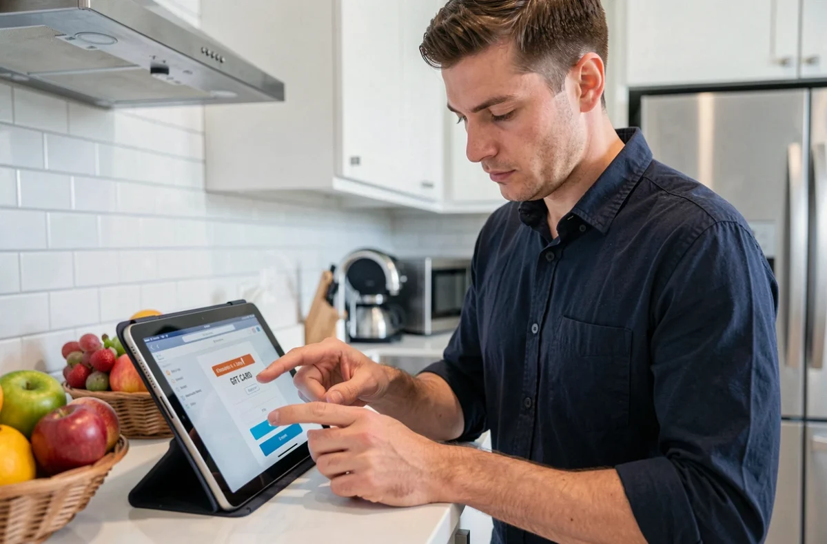 Homme saisissant le code d'une carte cadeau Bimpli sur une tablette dans une cuisine moderne