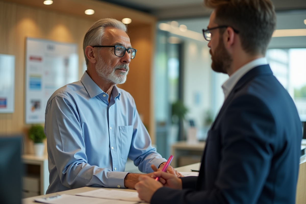 Homme en costume consultat avec conseiller bancaire