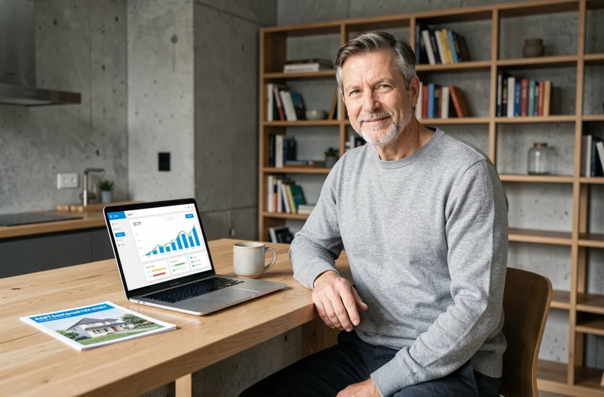 Homme consultant une comparaison de SCPI sur ordinateur portable dans un appartement moderne