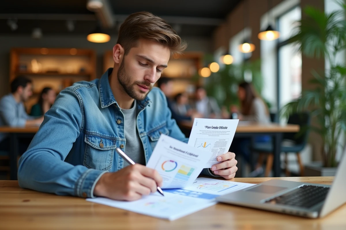 Homme compare tableaux PDF dans espace de coworking