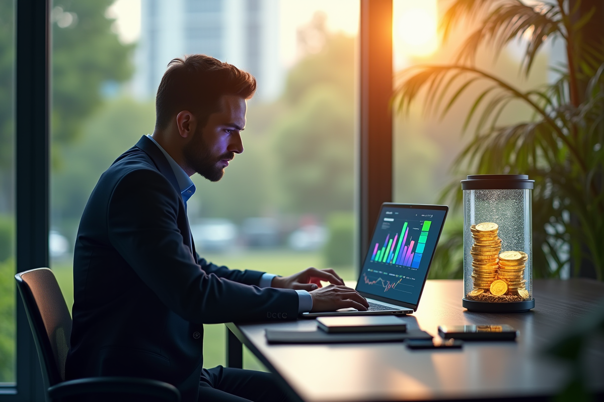 Homme d'affaires moderne examine des graphiques colorés