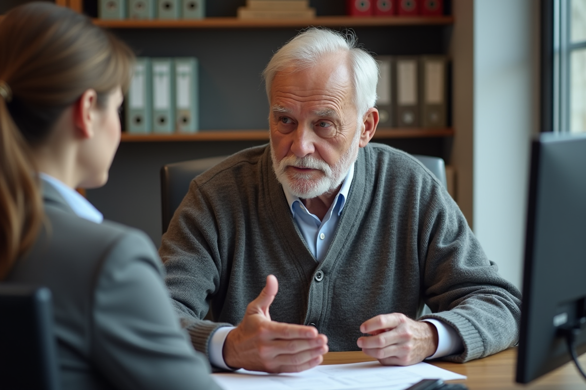 Homme âgé parle avec un conseiller en bureau moderne