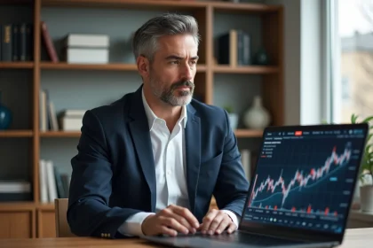 Homme d'âge moyen travaillant sur un ordinateur avec graphiques financiers