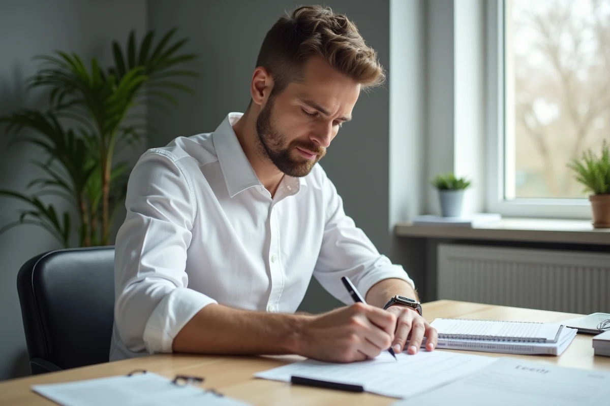 Homme complétant seul un formulaire de demande de prêt immobilier à La Banque Postale dans un bureau épuré