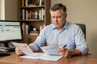 Homme de 40 ans qui examine ses fiches de paie et documents fiscaux sur un bureau en bois à domicile, illustrant l'impact des heures supplémentaires imposables sur l'impôt sur le revenu