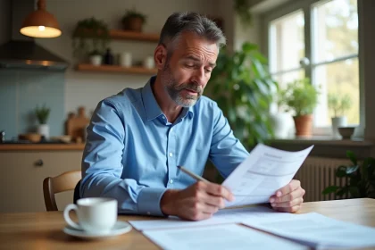 Homme d'&acirc;ge moyen &eacute;tudie ses imp&ocirc;ts dans la cuisine