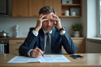Homme inquiet en costume examinant documents bancaires