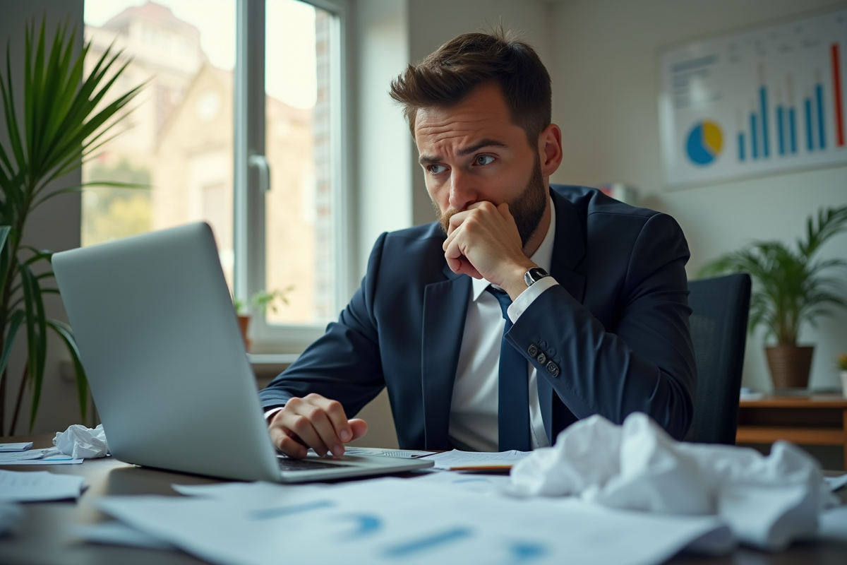 Homme inquiet au bureau avec graphiques financiers
