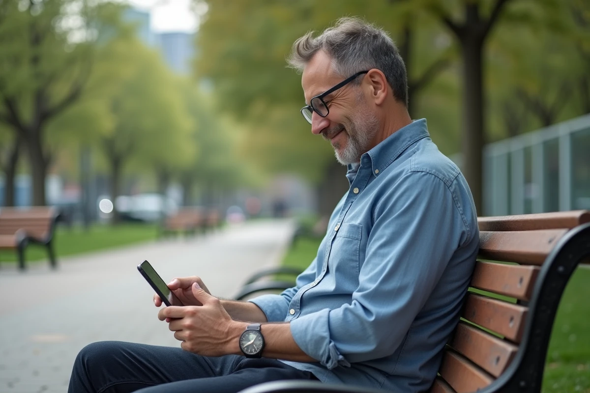 Homme lisant sur un banc de parc en ville