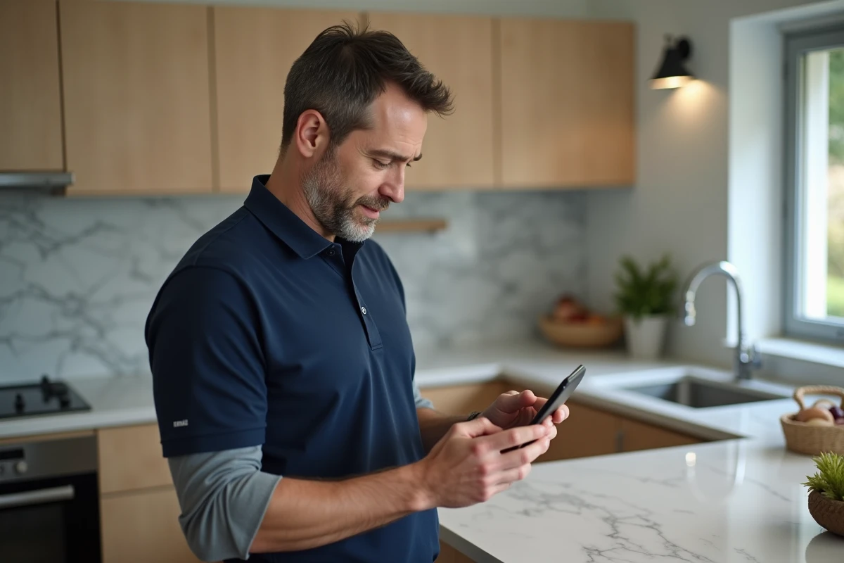 Homme regardant une notification d'erreur PayPal sur son smartphone dans une cuisine moderne, évoquant les problèmes courants de paiement numérique