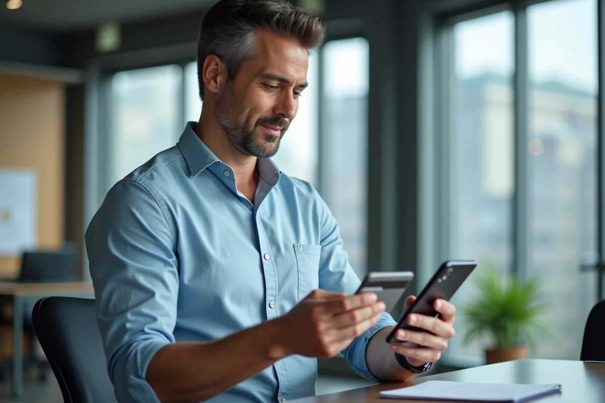 Homme effectuant une transaction avec smartphone et carte bancaire
