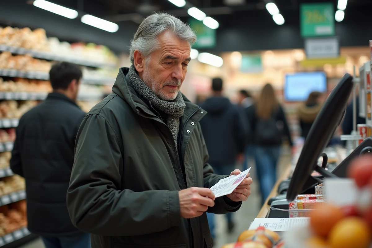 Homme au supermarch&eacute; en train de payer &agrave; la caisse