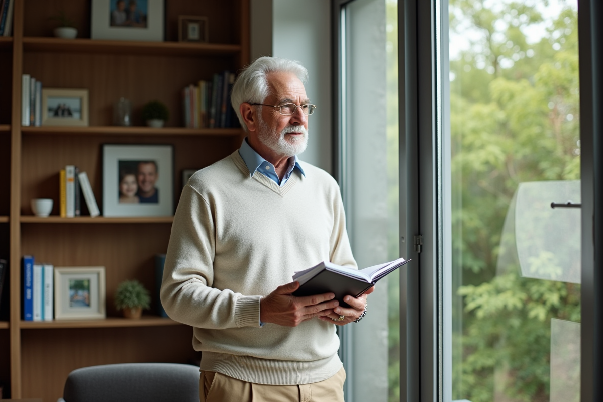 Homme senior réfléchit avec un planner dans son bureau lumineux