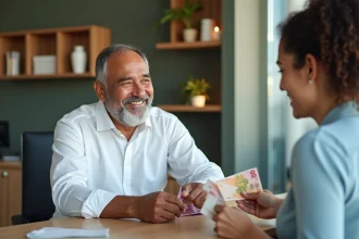 Homme polynesien échangeant des billets de banque dans une banque moderne
