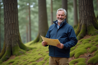 Homme confiant en plein air avec carte dans la forêt